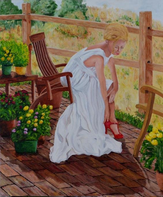 Red Shoes on the Deck  20 x 24 - Figurative Art